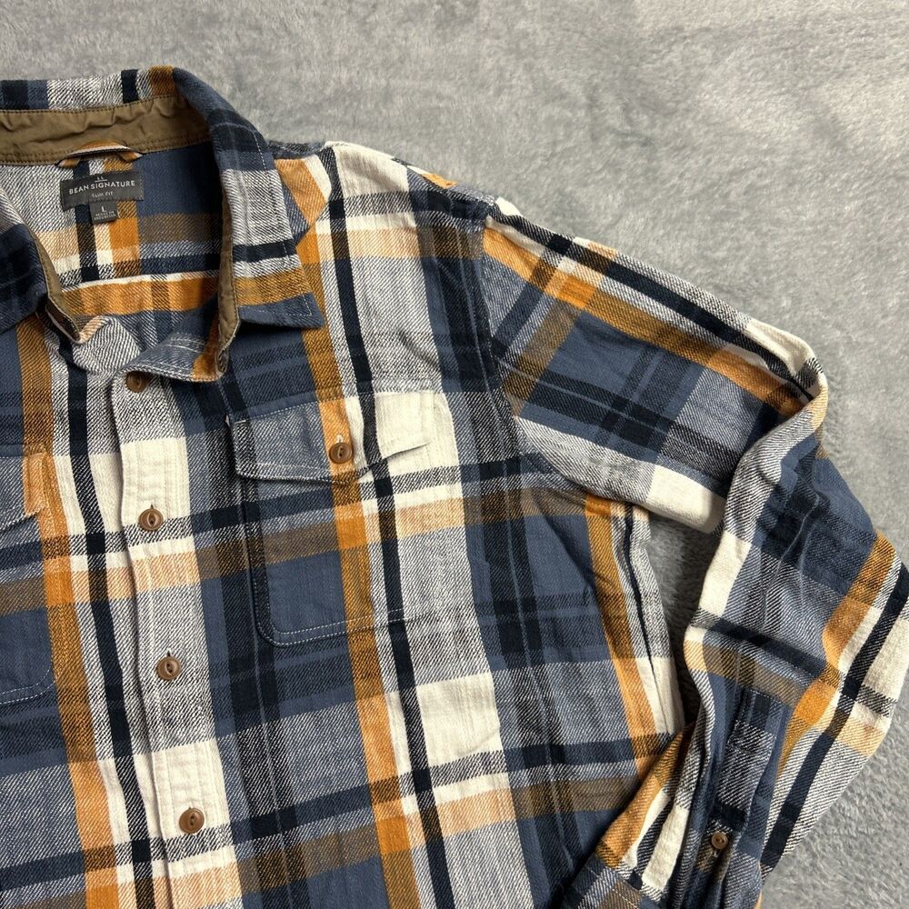 LL Bean Signature Slim Fit Flannel Shirt Mens Plaid Button Up Blue/Orange Sz. L - Picture 7 of 12